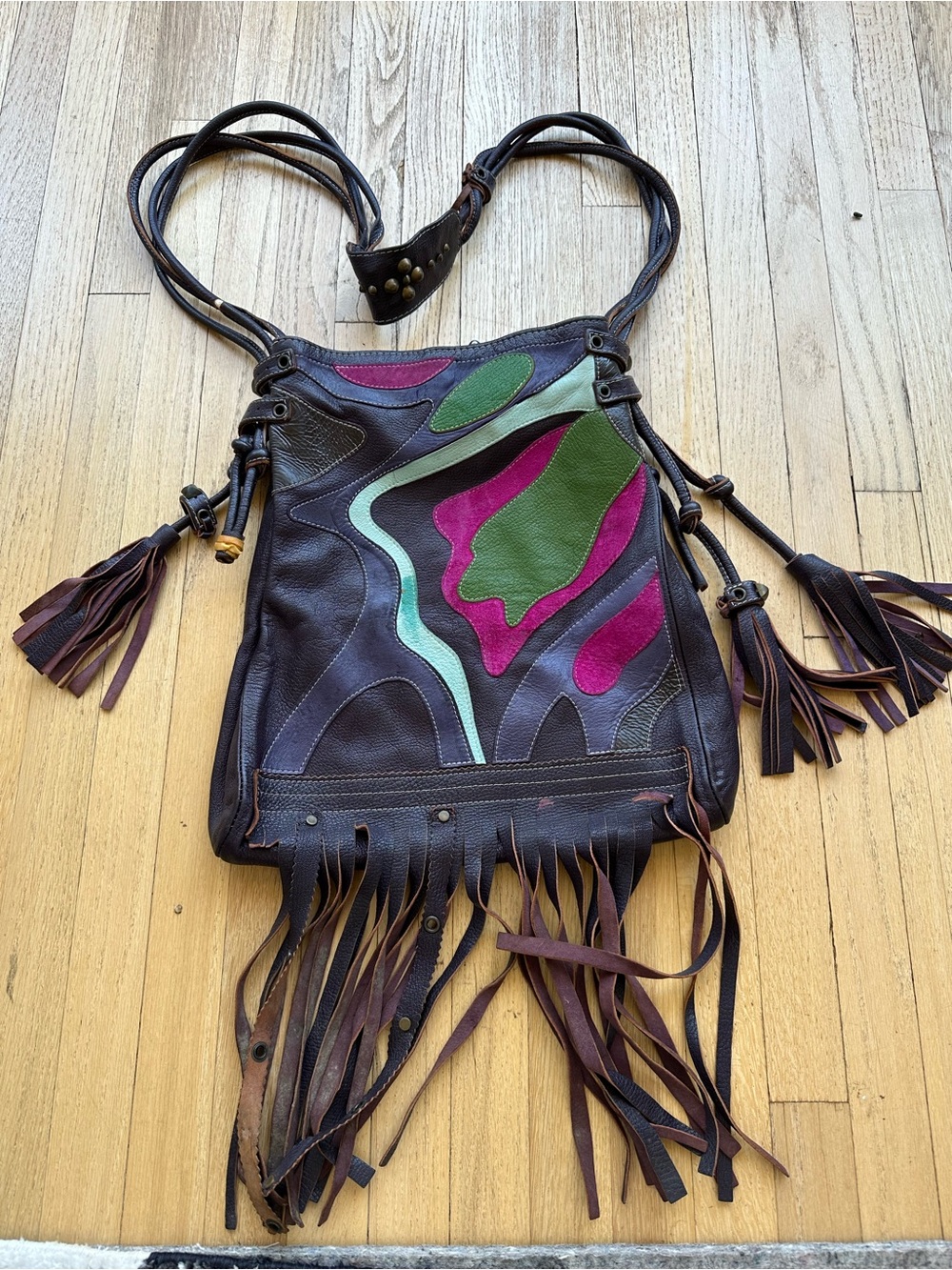 Vintage Emanuel Ungaro Patchwork Leather Fringe Crossbody Bag - Picture 2 of 9